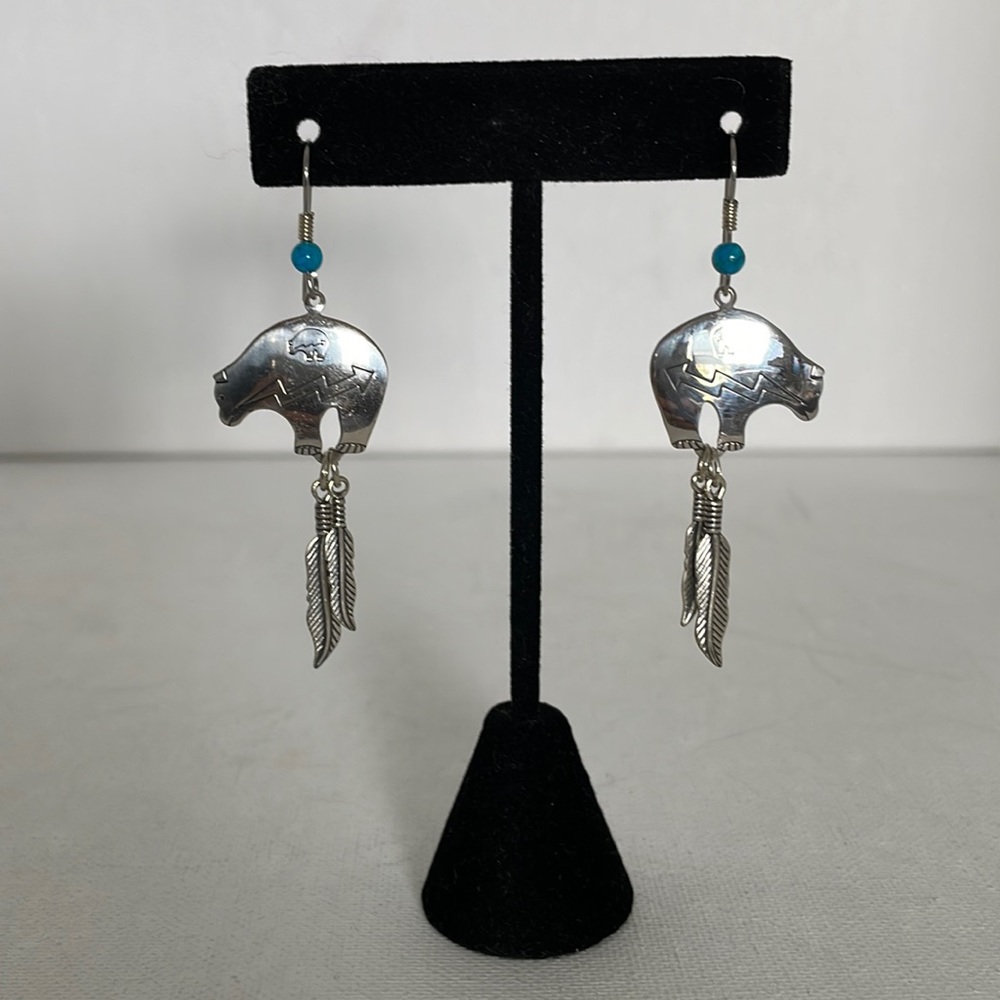 Southwestern Silver Bear & Feather Earrings with Turquoise Bead